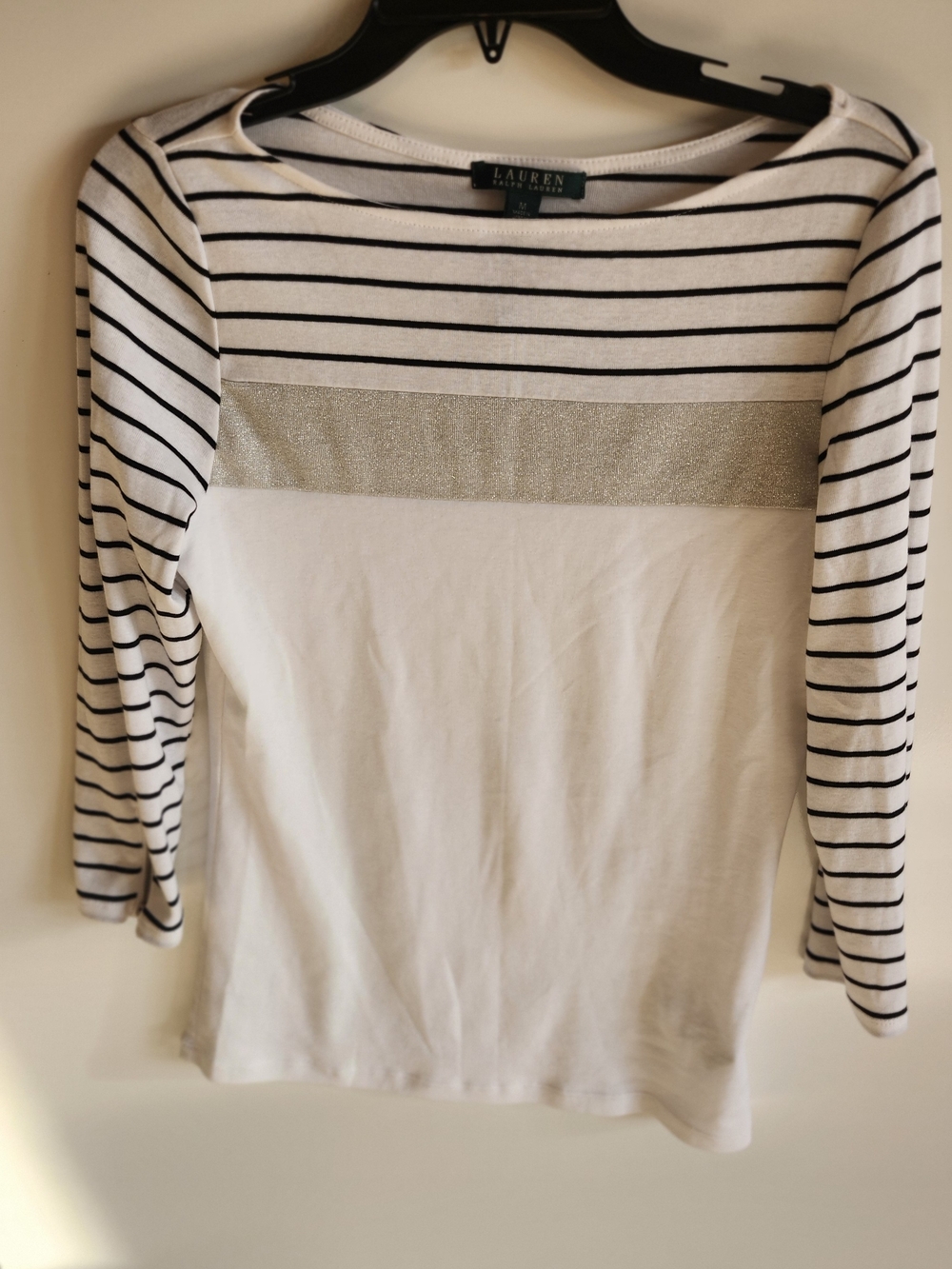 Lauren Ralph Lauren White & Black Striped Boatneck Top with Metallic Band
